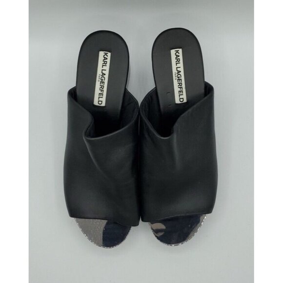 Karl Lagerfeld 'Lyric' 38.5 Black Leather Slide Wedge Platform 8 Sandals NWOB - Picture 3 of 14